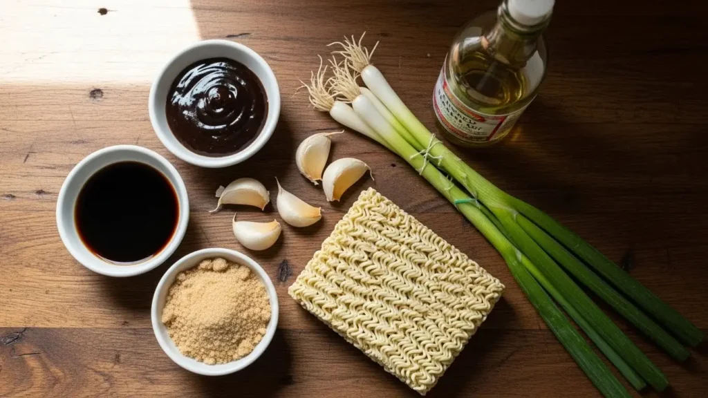 Ingredients for Easy Saucy Ramen Noodles laid out on a table