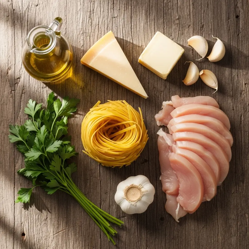 Garlic Butter Chicken Pasta ingredients on kitchen counter