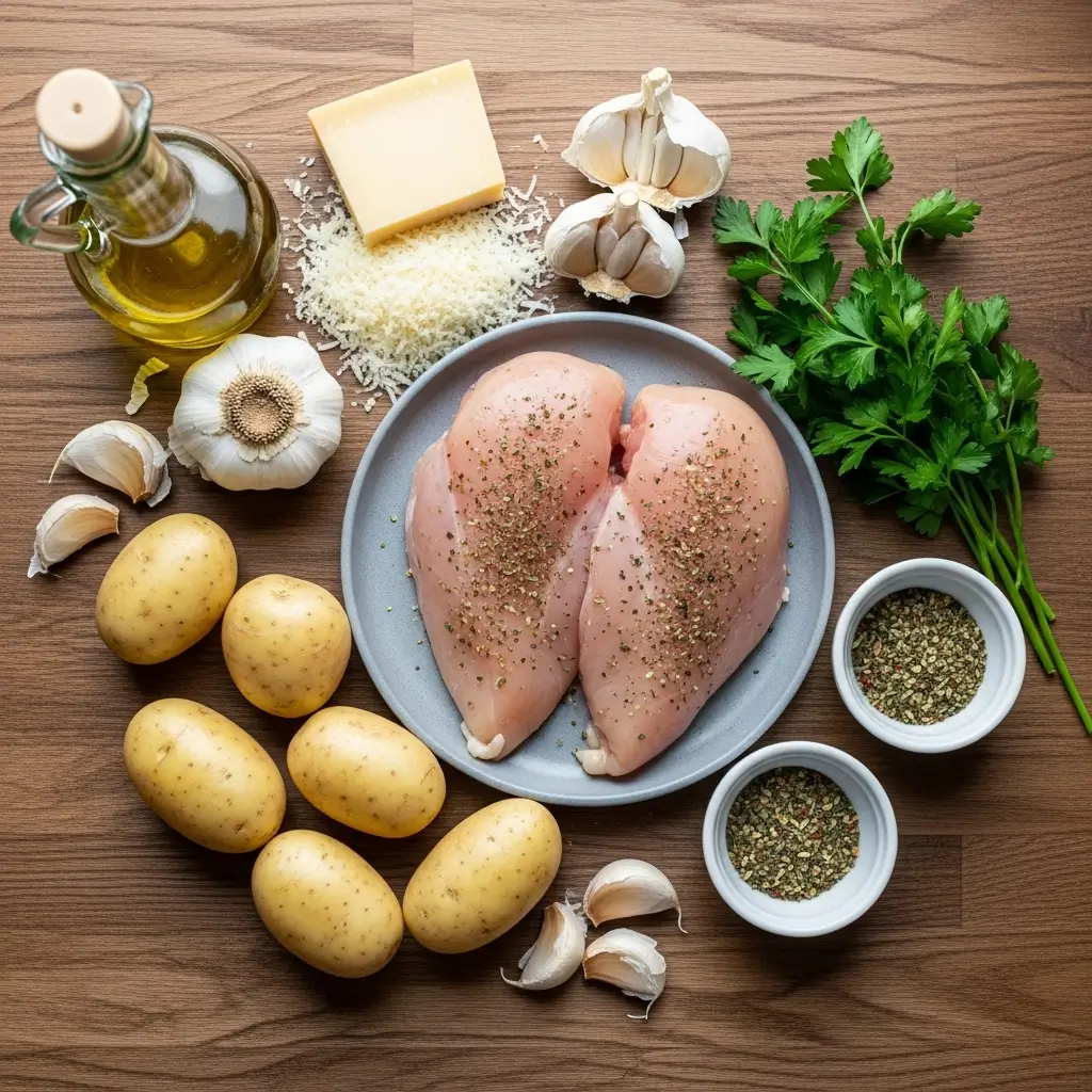 Garlic Parmesan Chicken and Potatoes ingredients flat lay