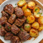 Garlic Steak Bites and Potatoes in skillet