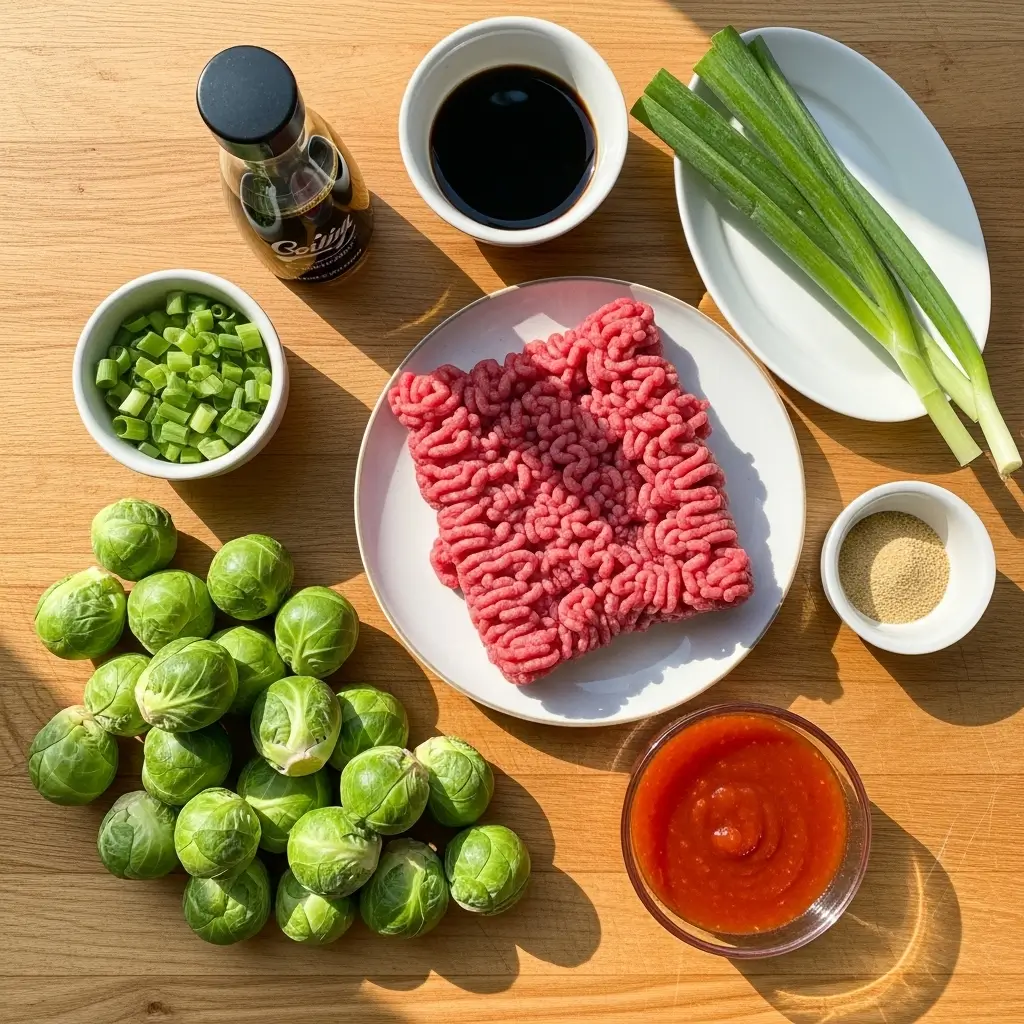 Ground Beef and Brussels Sprouts ingredients on kitchen counter