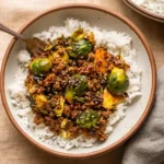 Ground Beef and Brussels Sprouts skillet with sweet chili sauce