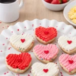 Heart Funfetti Cookie Cake Bars topped with buttercream and sprinkles