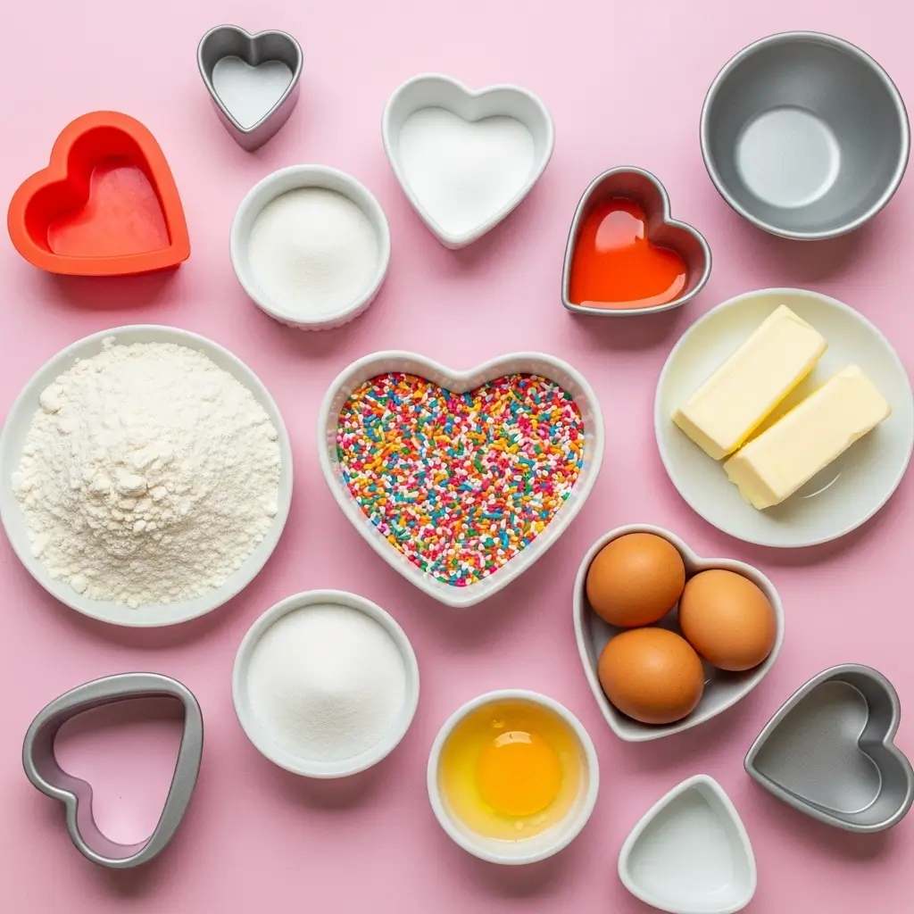 Ingredients for Heart Funfetti Cookie Cake Bars on kitchen counter