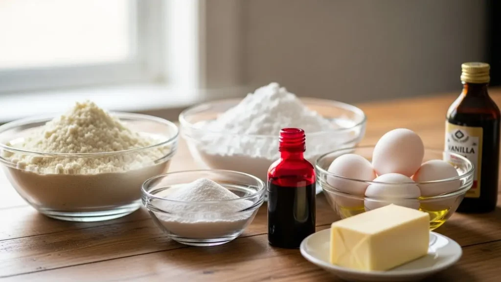 Heart Macarons ingredients on countertop