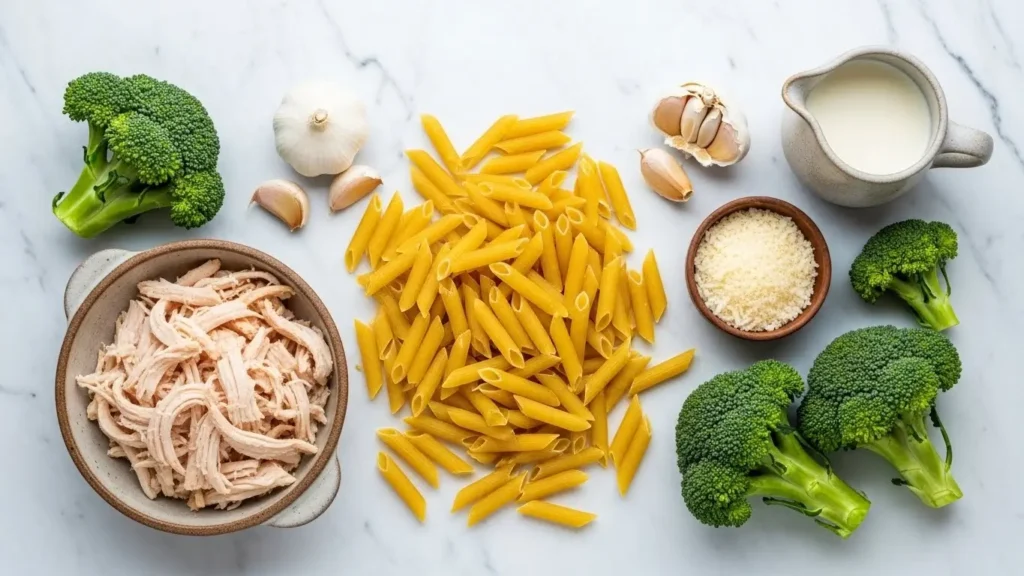 Ingredients for High Protein Rotisserie Chicken Broccoli Pasta