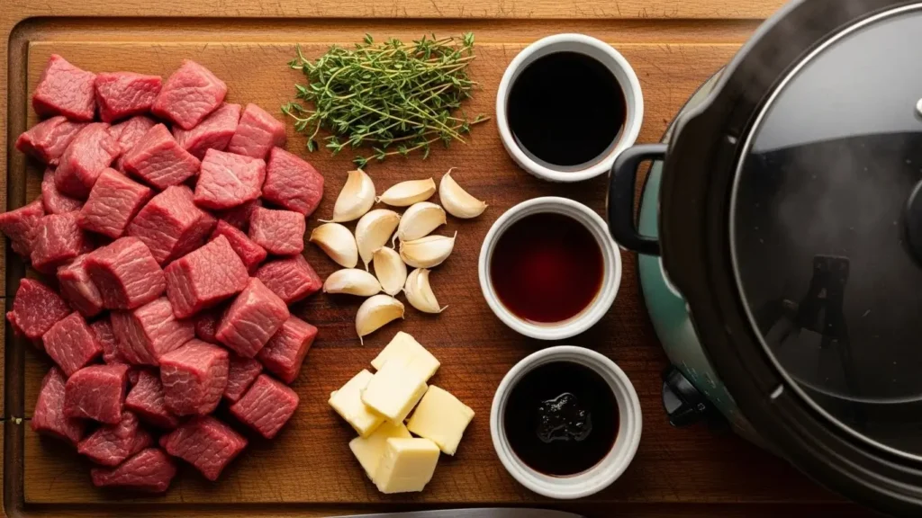 Ingredients for High Protein Slow Cooker Garlic Butter Beef Bites