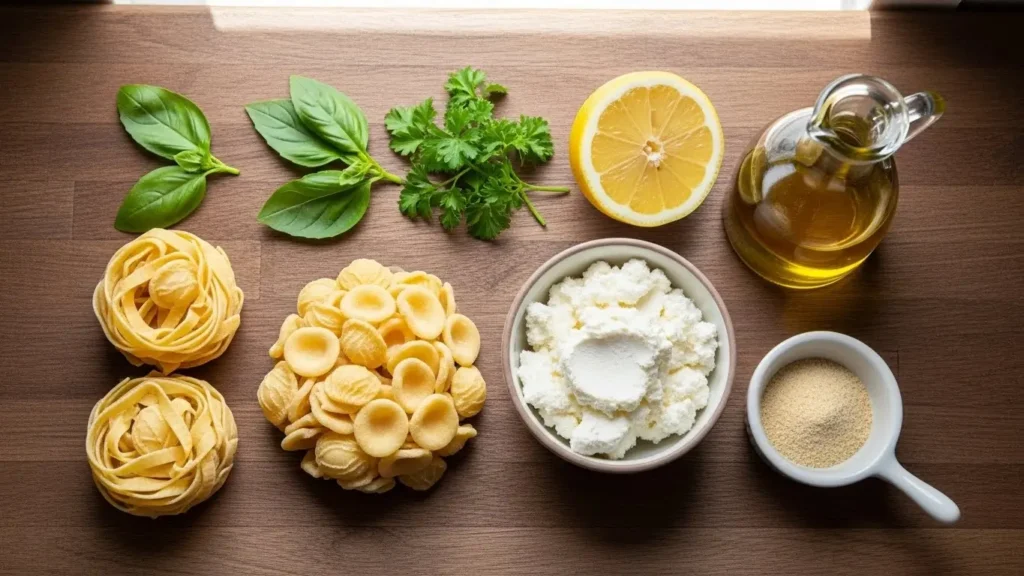 Lemon Ricotta Pasta ingredients flat lay