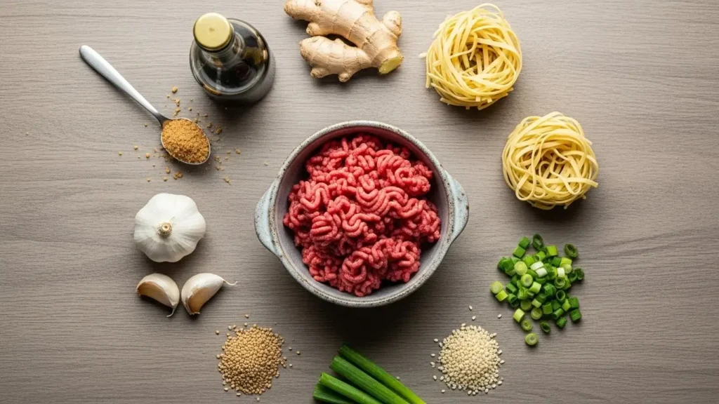 Mongolian Ground Beef Noodles ingredients on ta