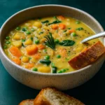 One Pot Creamy Vegetable Soup in a cozy kitchen setting