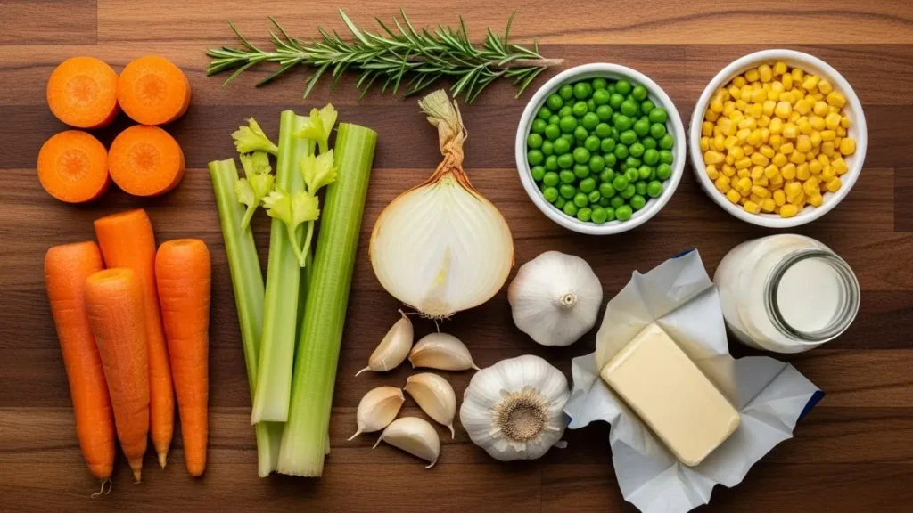 Ingredients for One Pot Creamy Vegetable Soup on a wooden surface