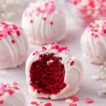 Red Velvet Truffles close-up coated in white chocolate
