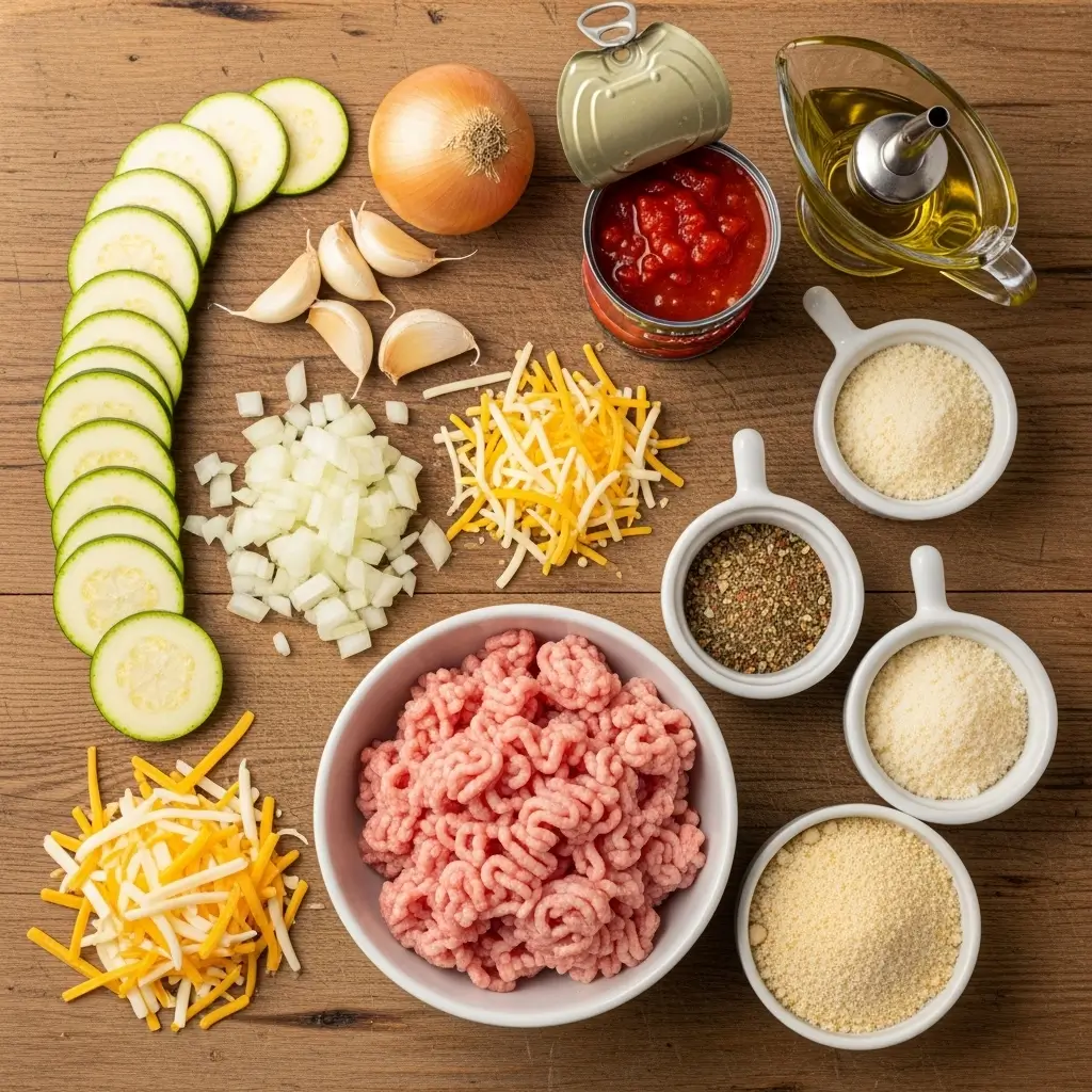 Ingredients for Savory Ground Turkey Zucchini Casserole displayed on a table