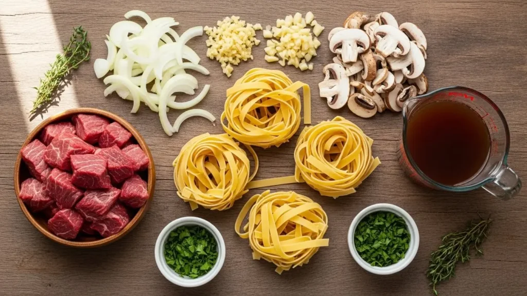 Slow Cooker Beef and Noodles ingredients flat lay