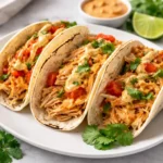 Slow Cooker Queso Chicken Tacos on rustic table