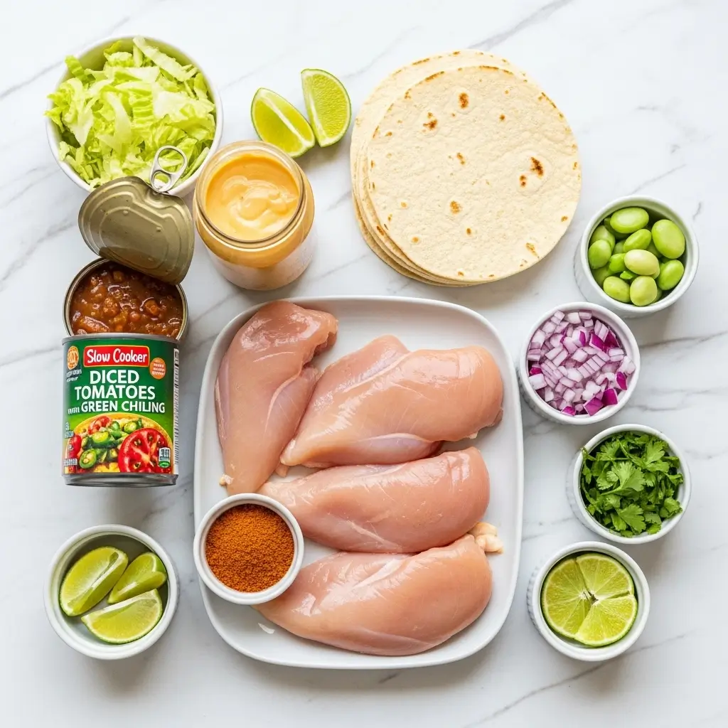 Slow Cooker Queso Chicken Tacos ingredients laid out