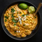Slow Cooker Street Corn Chicken in rustic bowl with cotija and lime