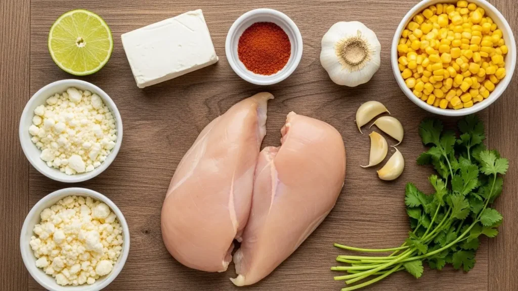 ngredients for Slow Cooker Street Corn Chicken on wooden surface