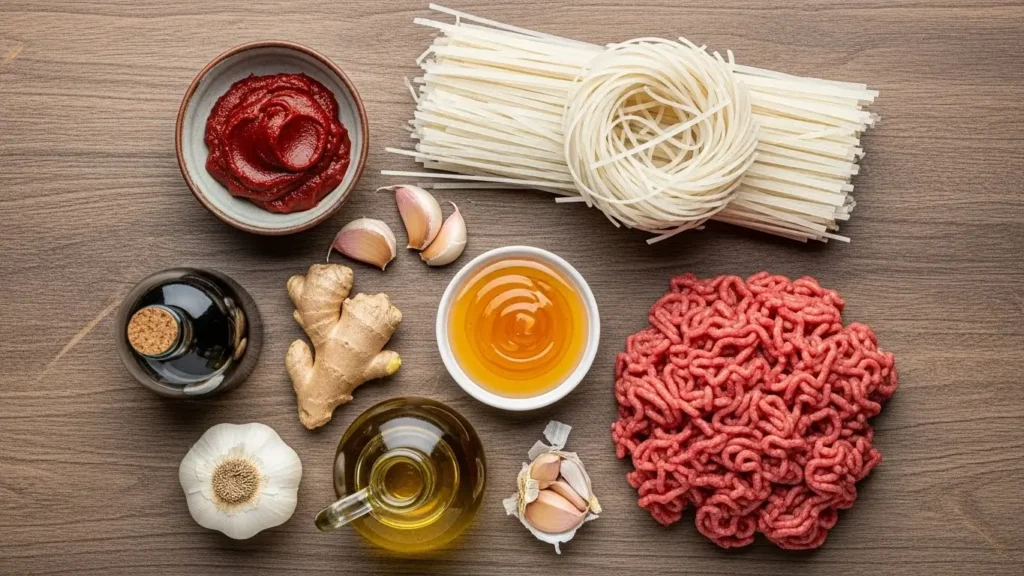 Ingredients for Spicy Korean Gochujang Beef Noodles