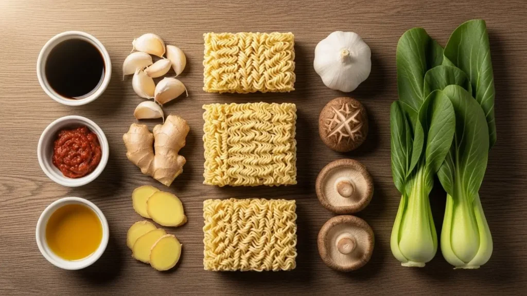 ingredients for spicy vegetarian ramen on a wooden table