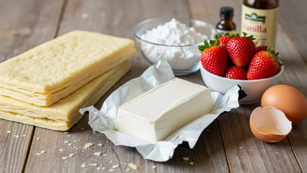Strawberry Cream Cheese Heart Puffs ingredients setup