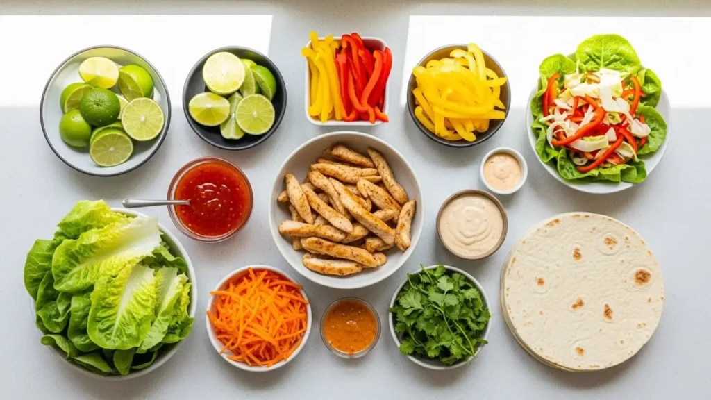 Sweet Chili Chicken Wraps ingredients arranged on counter