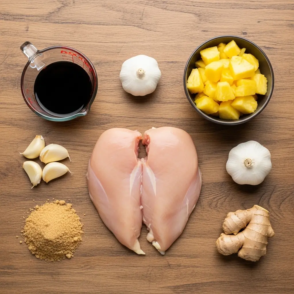 Sweet Hawaiian Crockpot Chicken ingredients flat lay