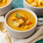 Tasty Roasted Winter Vegetable Soup in a bowl with bread