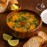 Thai Coconut Red Lentil Soup in a bowl with cilantro and lime