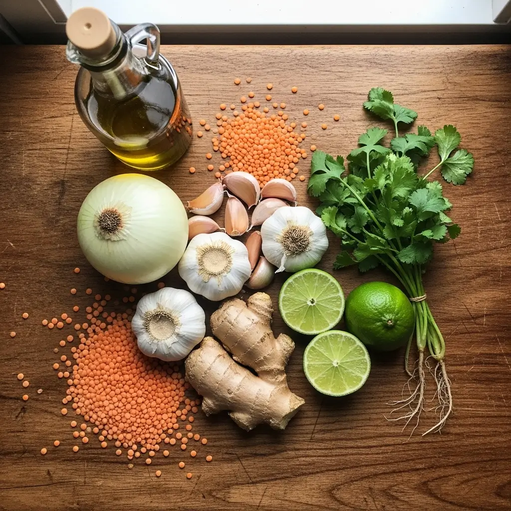 Ingredients for Thai Coconut Red Lentil Soup arranged on counter