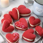 Valentine Red Velvet Whoopie Pies on marble with roses