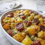 Cheesy Ranch Potatoes and Smoked Sausage baked on a sheet pan
