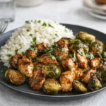 A close-up of juicy air-fried sweet chili chicken served with crispy Brussels sprouts for a quick, healthy dinner.