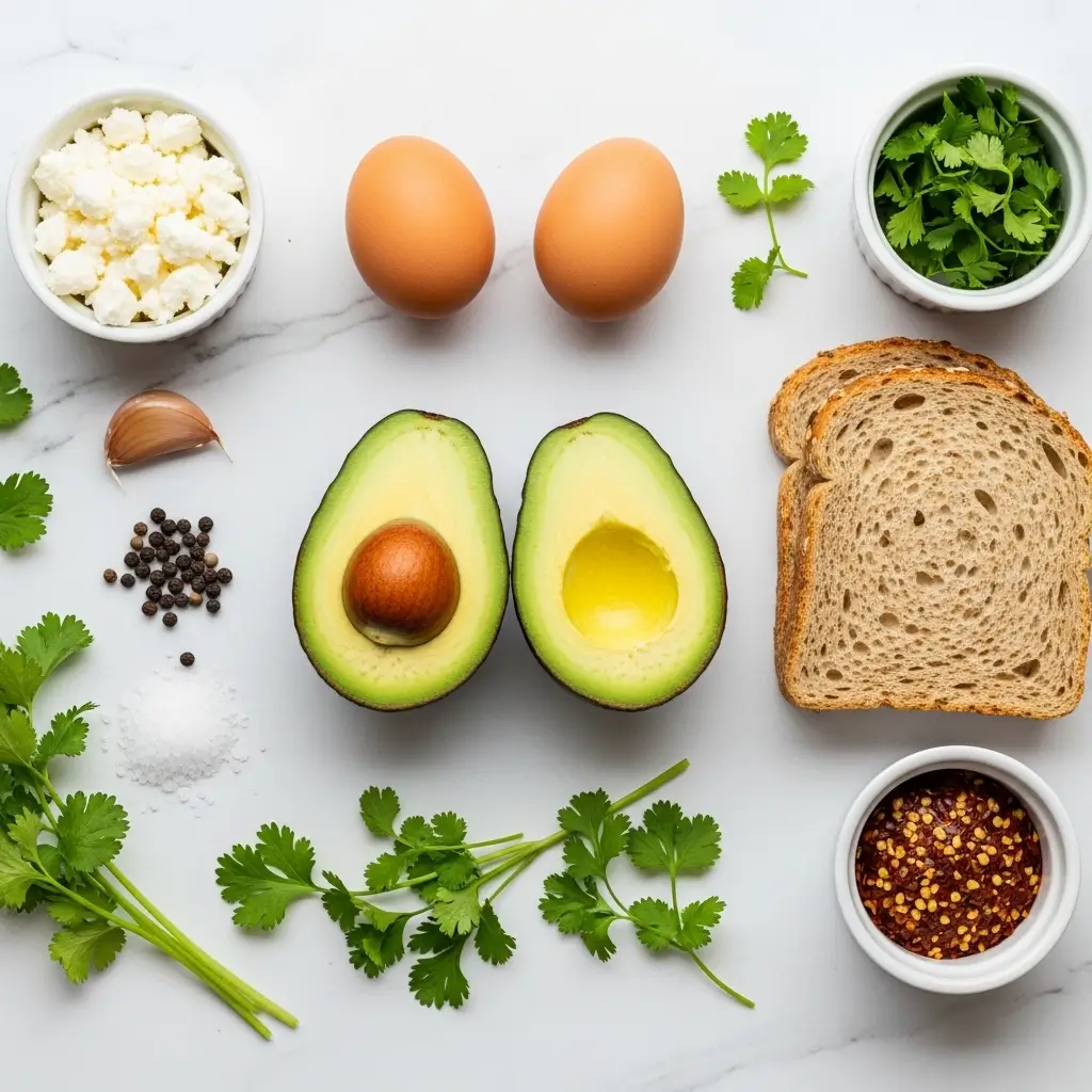 Avocado Toast with Egg ingredients flat lay