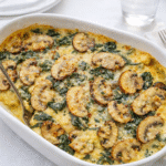 cheesy mushroom ravioli casserole with spinach baked in dish