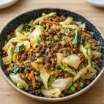 Chinese Ground Beef and Cabbage Stir Fry served over rice
