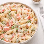 Crab Pasta Salad creamy bowl with crab and veggies