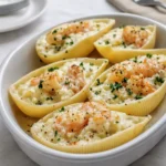 Creamy Seafood Stuffed Shells baked golden with cheese
