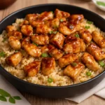 Delicious Honey BBQ Chicken Rice in skillet with honey glaze