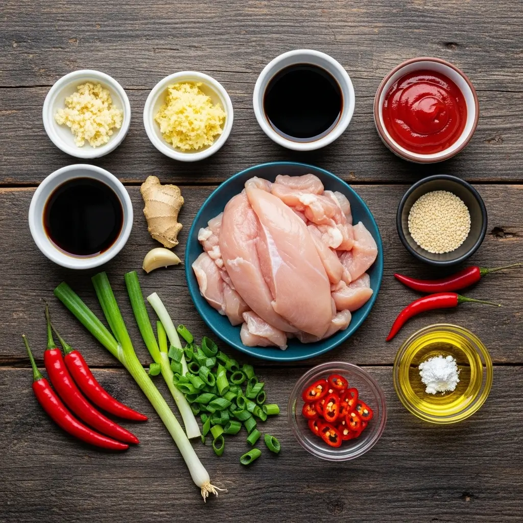 Dragon Chicken ingredients on wooden table