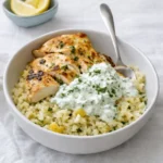 Dump-and-Bake Chicken Tzatziki Casserole baked with tzatziki and feta
