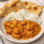 Easy Homemade Butter Chicken in creamy sauce with naan and rice