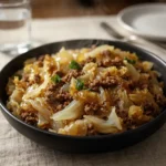 Ground Beef and Chopped Cabbage in a skillet