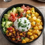 Ground Beef and Potato Taco Bowl with colorful toppings