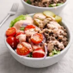 Healthy Burger in a Bowl with avocado and fresh veggies