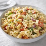 Hot Honey Pasta Salad with cherry tomatoes and mozzarella