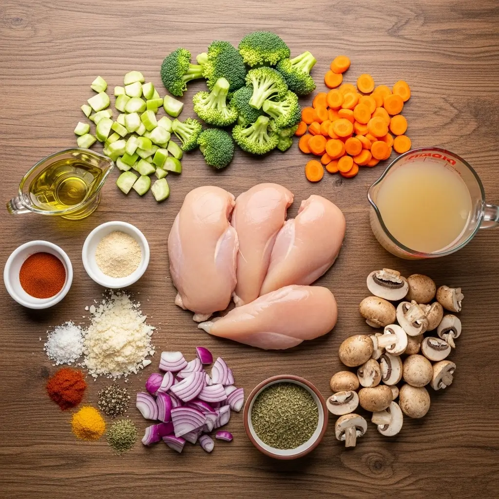 Juicy Crockpot Chicken ingredients on wooden table