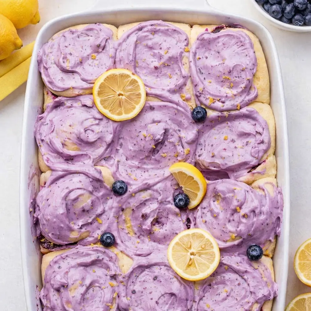 Lemon Blueberry Rolls topped with creamy purple lemon blueberry frosting in a white baking dish