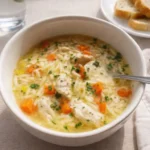 Lemon Chicken Orzo Soup in a rustic bowl