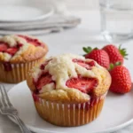 Fresh Strawberry Muffins on rustic wooden table